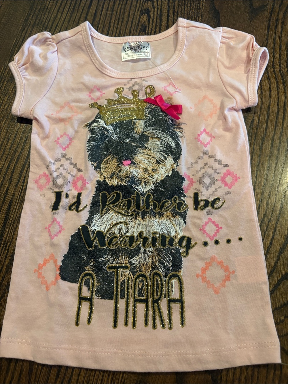 Beautees Girls Pink Yorkie Puppy Tiara Glitter Graphic Tee Size 2T
